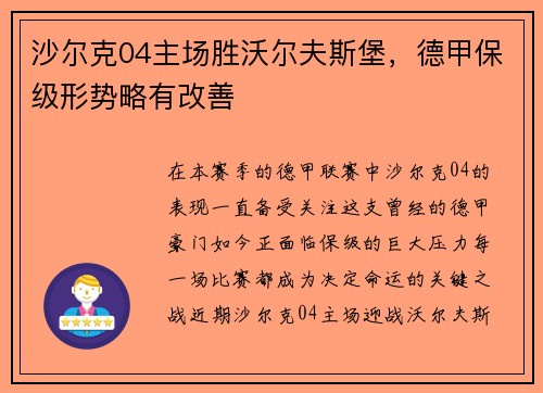 沙尔克04主场胜沃尔夫斯堡，德甲保级形势略有改善