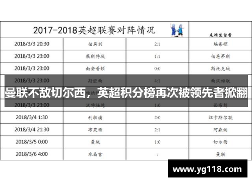 曼联不敌切尔西，英超积分榜再次被领先者掀翻