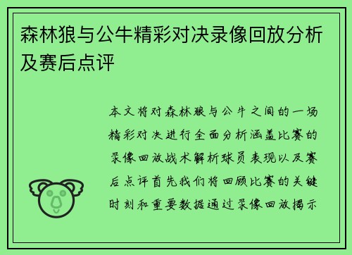 森林狼与公牛精彩对决录像回放分析及赛后点评