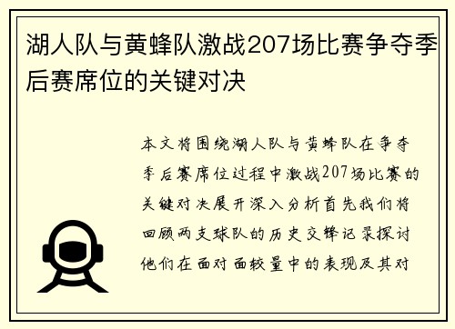 湖人队与黄蜂队激战207场比赛争夺季后赛席位的关键对决